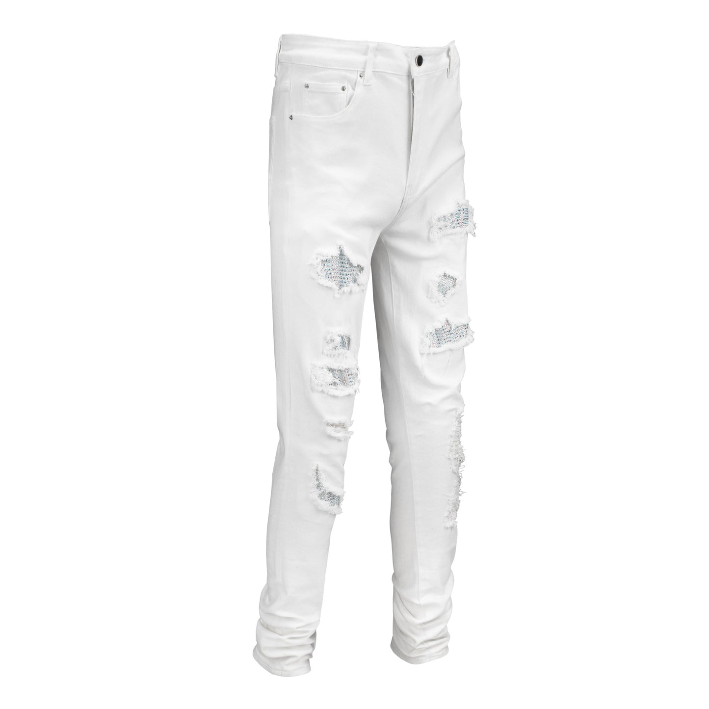 Men's Tight Fit White Jeans with Rhinestone and Patchwork for Street Style