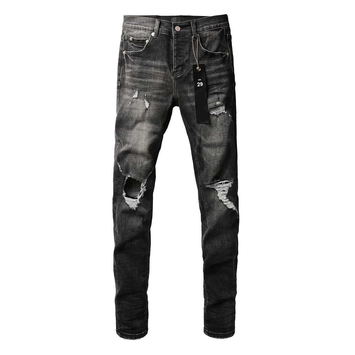 Black Distressed Jeans 9079 Long Pants with Stylish Rips and Tears