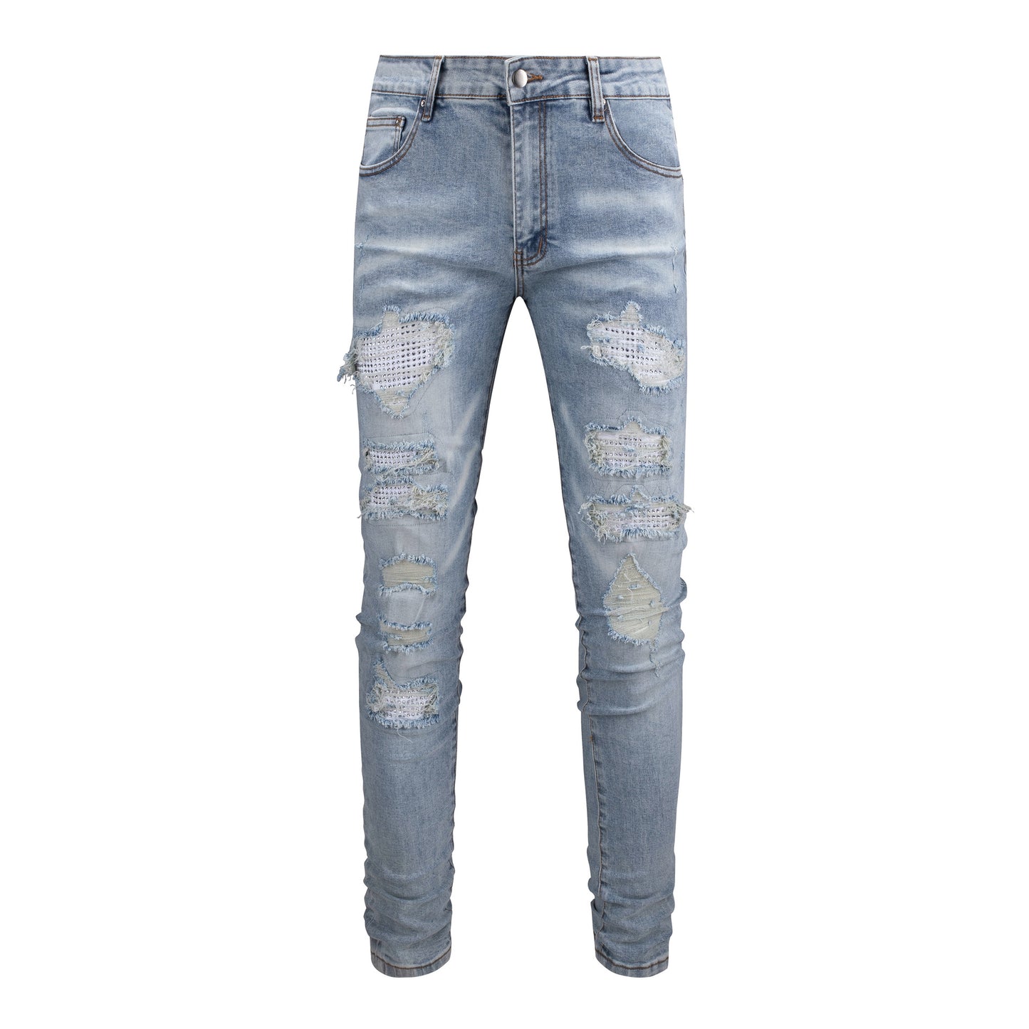 Jean slim blanc pour homme avec patchs en strass et design vieilli 