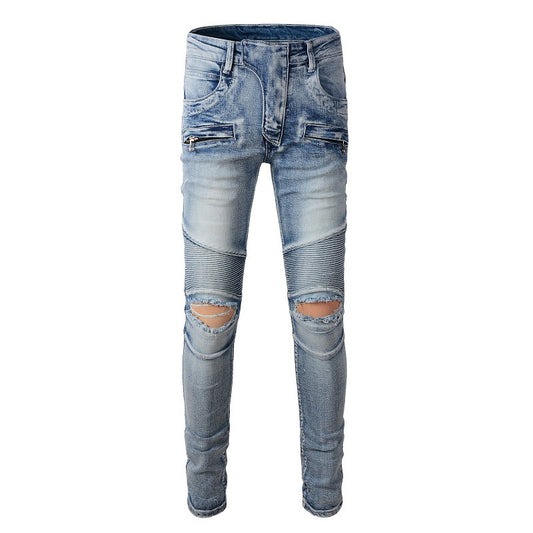 Tide Brand Locomotive Three-dimensional Tailoring Retro Multi-pocket Ripped Small Feet Slim-fit Elastic Jeans #917