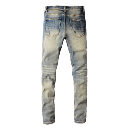 Europe, Amérique High Street Ripped Patch Jeans Hommes Patch Élastique Slim Small Foot Jeans 876 