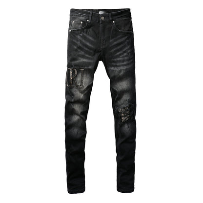 Black Jeans 8823 with Rhinestone Lettering and Distressed Design for International Markets