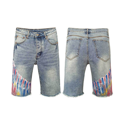 Urban Style Light Blue Denim Jorts - Bold Hand-painted Graphic & Fringed Cuffs