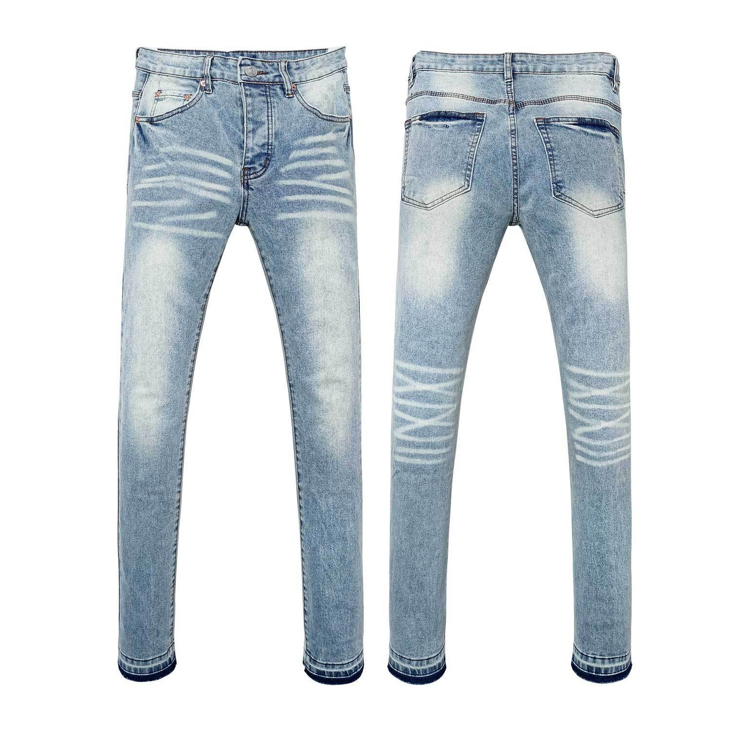 Men's Light Blue Slim Jeans - Unique Sunburst Stripe Wash & Vintage Snow Wash Denim