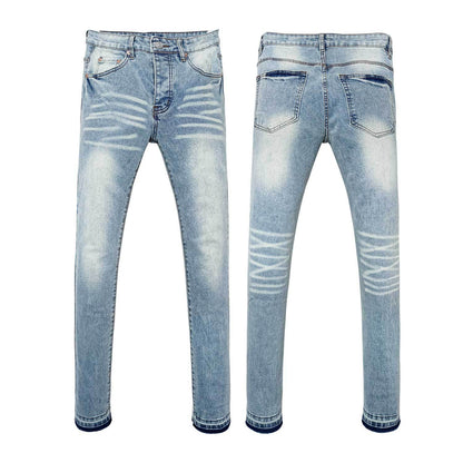 Men's Light Blue Slim Jeans - Unique Sunburst Stripe Wash & Vintage Snow Wash Denim