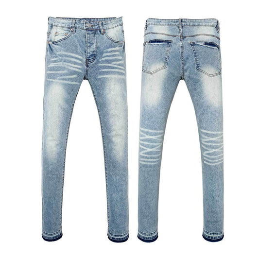 Men's Light Blue Slim Jeans - Unique Sunburst Stripe Wash & Vintage Snow Wash Denim
