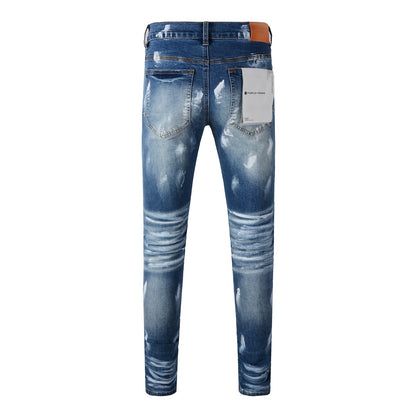 Pantalones vaqueros para hombre, pantalones vaqueros para hombre, pantalones vaqueros negros ajustados de diseñador, lavado claro, rotos, para motocicleta 9062 