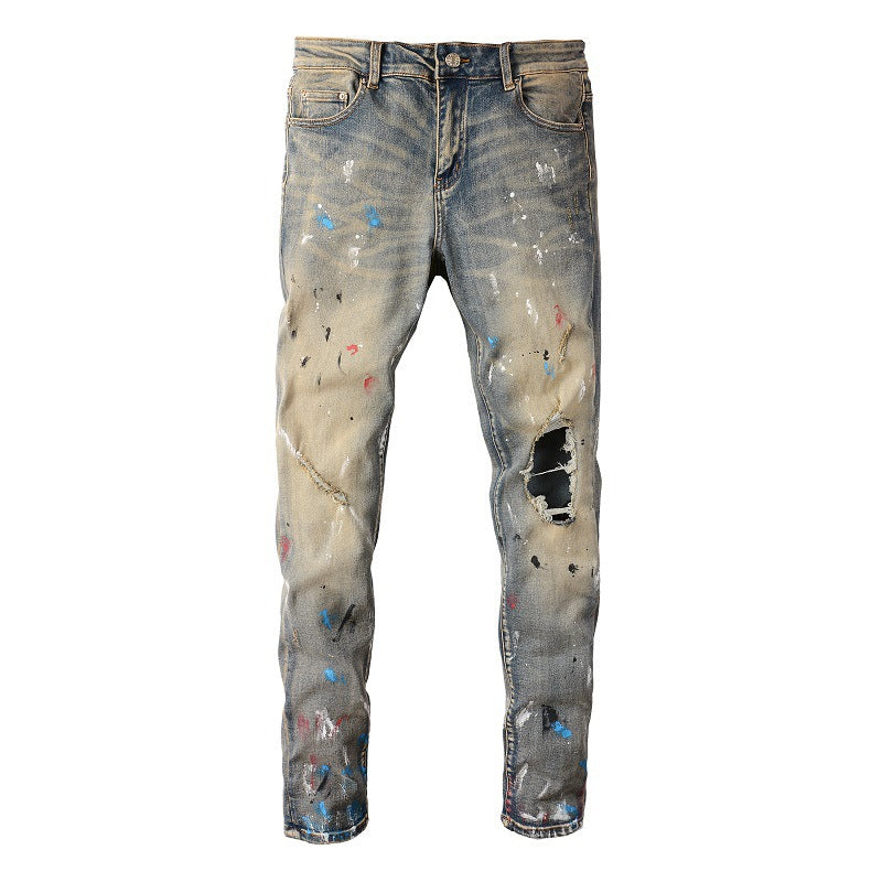 6556 High Street Trendy Brand Ripped Patch Jeans Vintage Men's Elastic Slim High Street Denim