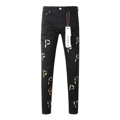 Nouveau jean déchiré à la mode avec impression de lettres noires et personnalité vintage 