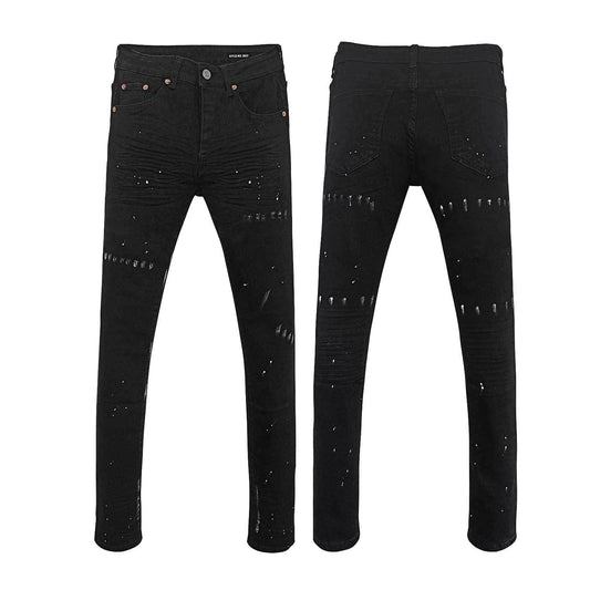 Men's High Street Solid Black Slim Jeans - Unique White Paint Splatter & Faded Denim