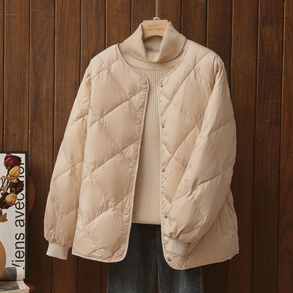 Down Jacket Women's Short Winter White Duck Down Lightweight and Versatile Loose Diamond Pattern