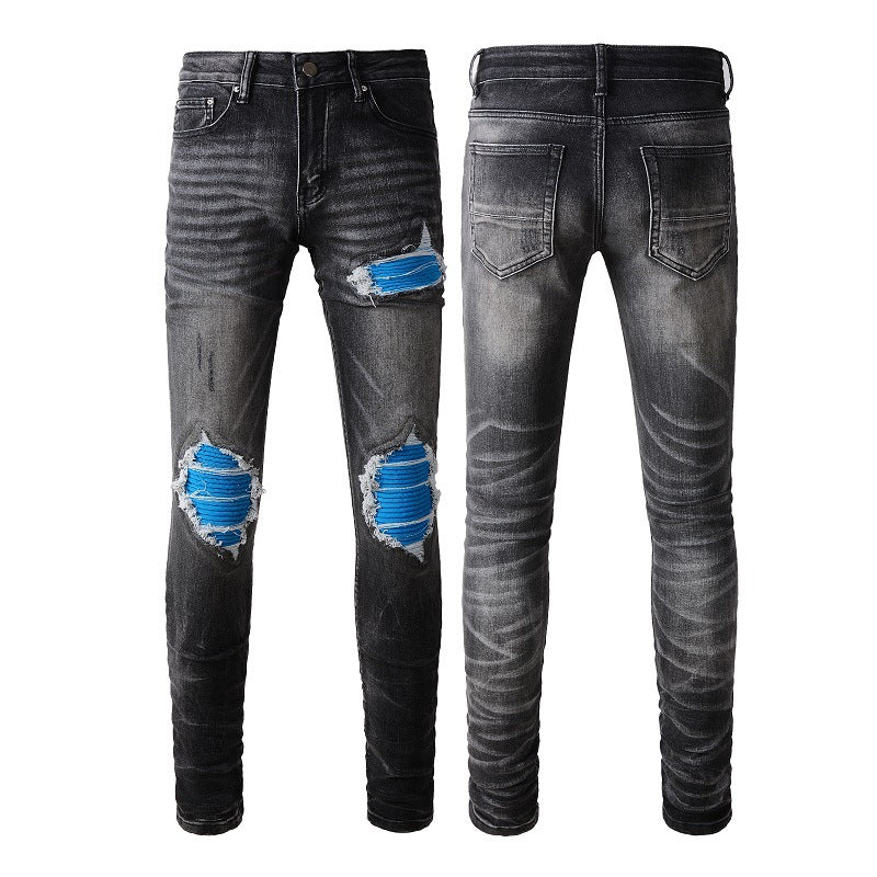 Jeans High Street pour hommes, jeans slim déchirés bleus tendance #1337 