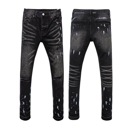 Black Vintage Style Ripped Flare Jeans with White Splatter Effect - Slim Fit Bell Bottom Denim