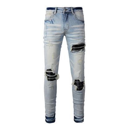 Pantalones vaqueros desgastados elásticos ajustados estilo punk para hombre con parches rotos en las rodillas, color azul 848