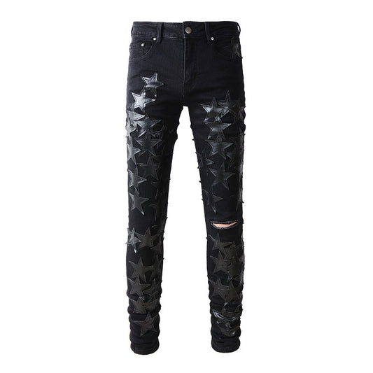 691 High Street Trend Brand Black Pentagram Jeans Jeunes Hommes Élastique Slim Petit Pied Jeans 