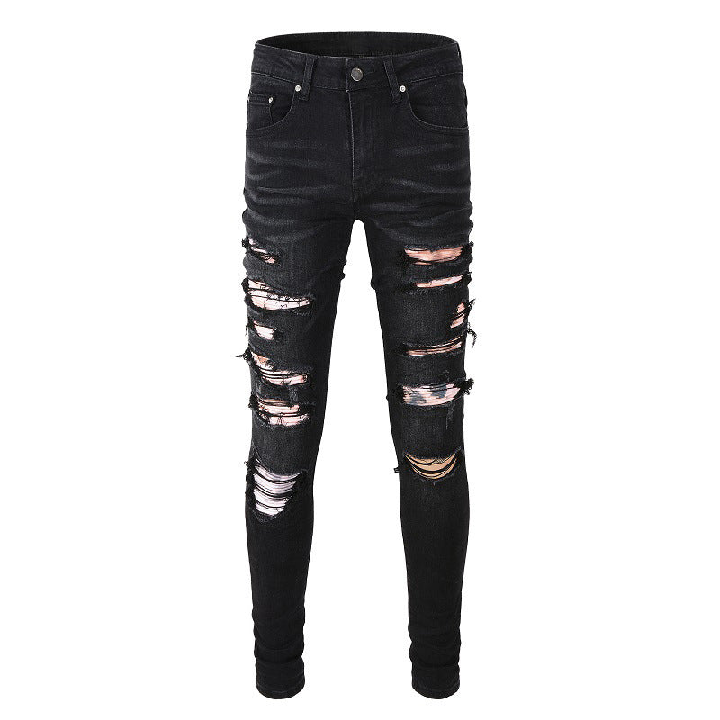 High Street Trendy Jeans Men's New Ripped Patch Jeans Slim-Fit Pants #841