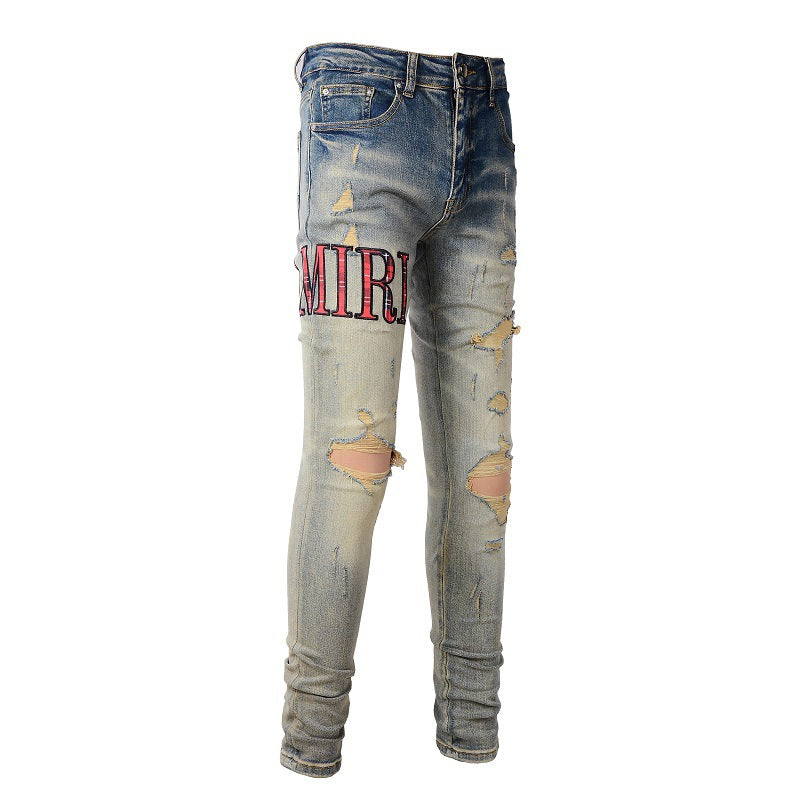 European and American Street Trendy Brand Letter Embroidered Jeans Blue Elastic Slim-fit Jeans #888