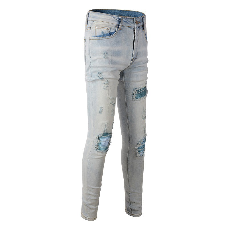 645 Trendy Brand Ripped Blue Patch Jeans Elastic Slim Slim High Street Jeans