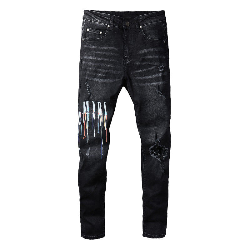 Jeans 830 Fashion Street Pintura en aerosol Alfabeto colorido Jeans negros 