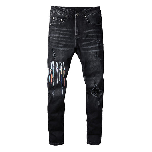 Jeans 830 Fashion Street Spray Paint Alphabet coloré Jeans noir 