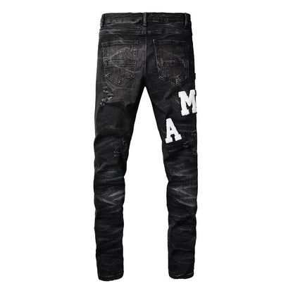 Street Jeans Leather Embroidered Letter Ripped Thread Patch Elastic Slim-fit Pants #1313