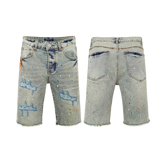 Vintage Light Blue Denim Shorts Men - Hand-Painted Splatter, Ripped Patches, Frayed Hem Streetwear