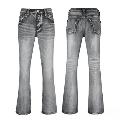 Grey Tone Acid Wash Ripped Flare Jeans - Distressed High Waisted Wide Leg Denim