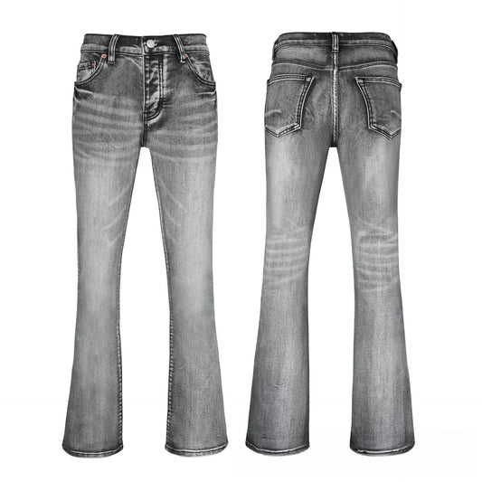 Grey Tone Acid Wash Ripped Flare Jeans - Distressed High Waisted Wide Leg Denim