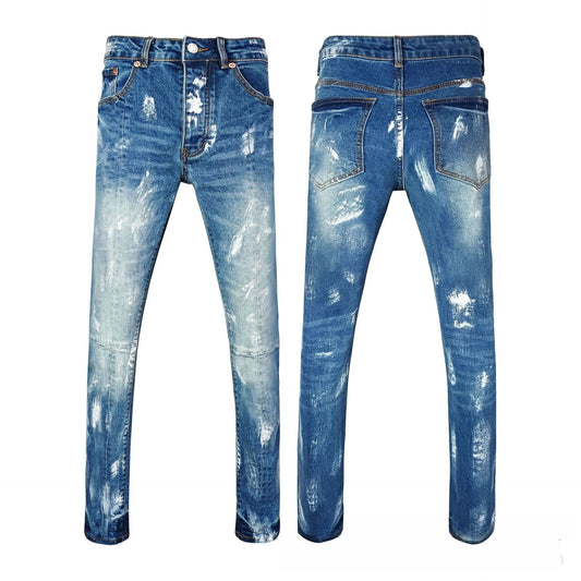 Men's Blue Slim Fit Jeans - Bold White Paint Splatter & Heavy Bleached Fading