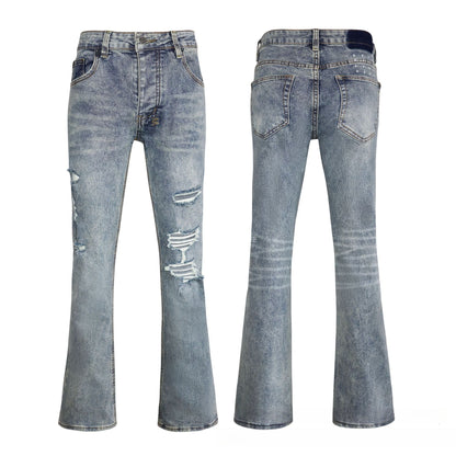 Men's Light Blue Flare Jeans - Vintage Washed Denim featuring Unique Striped Patchwork Distressing