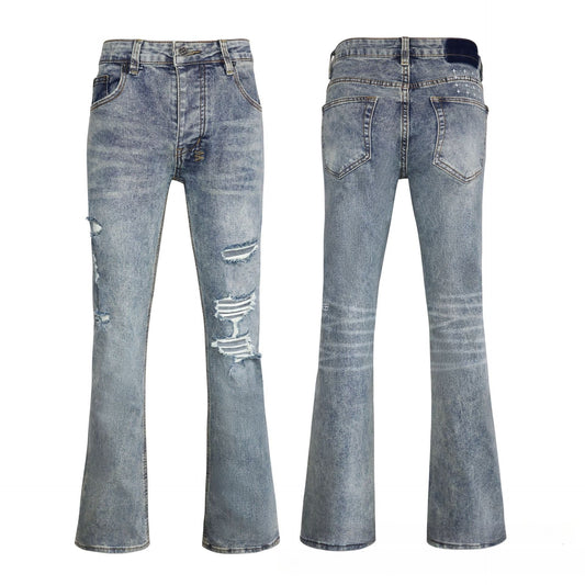 Men's Light Blue Flare Jeans - Vintage Washed Denim featuring Unique Striped Patchwork Distressing
