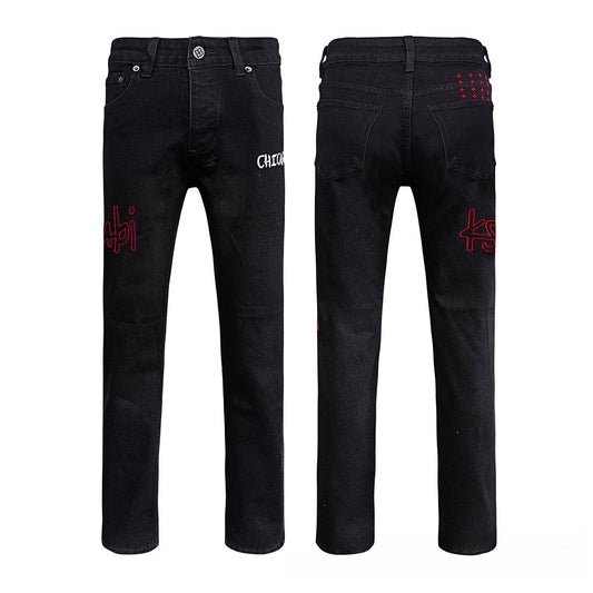 Men's Black Slim Fit Jeans - Bold Red Outline Embroidery & Artistic Graphic Detail