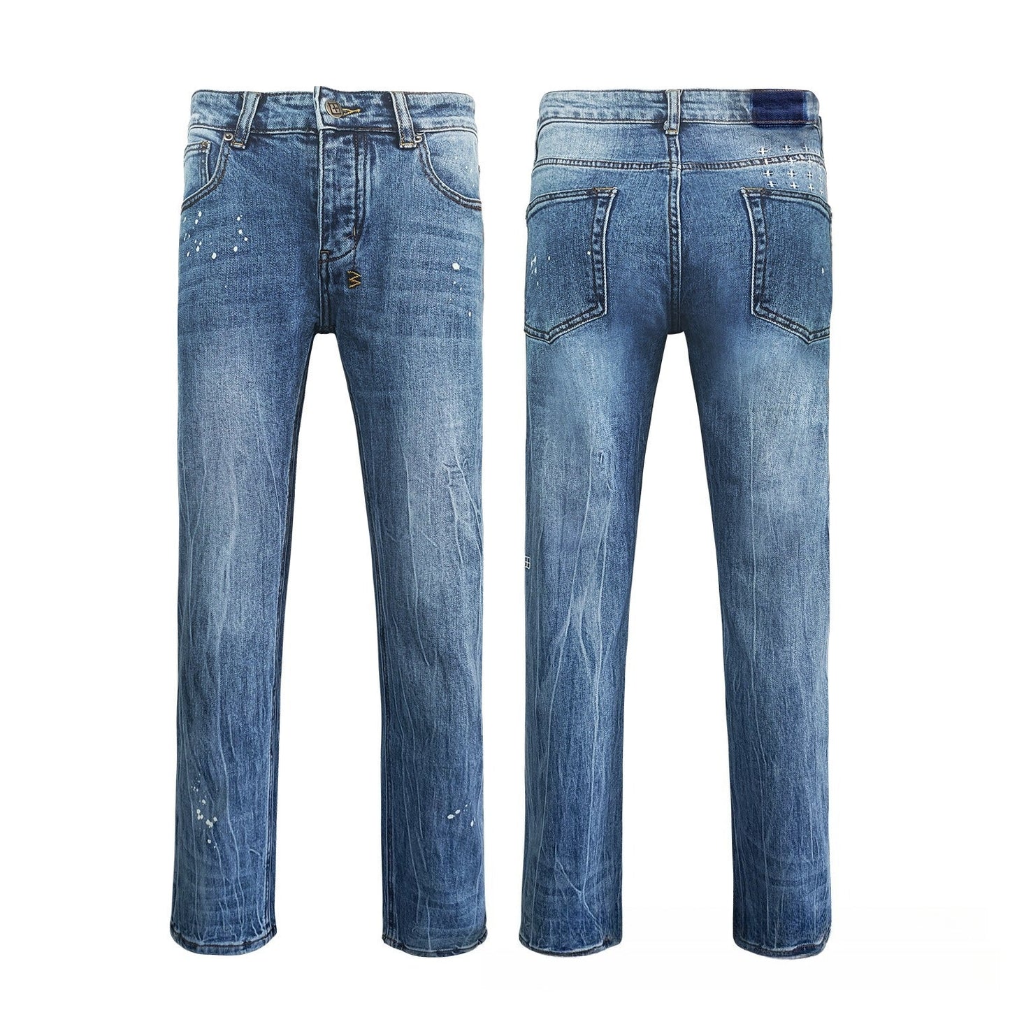 Men's Blue Distressed Jeans with White Paint Splatter Slim Fit Denim Pants Streetwear Style