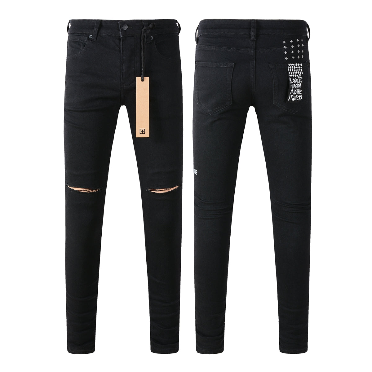 Mid-Rise Black Jeans with Shredded Knees 3005