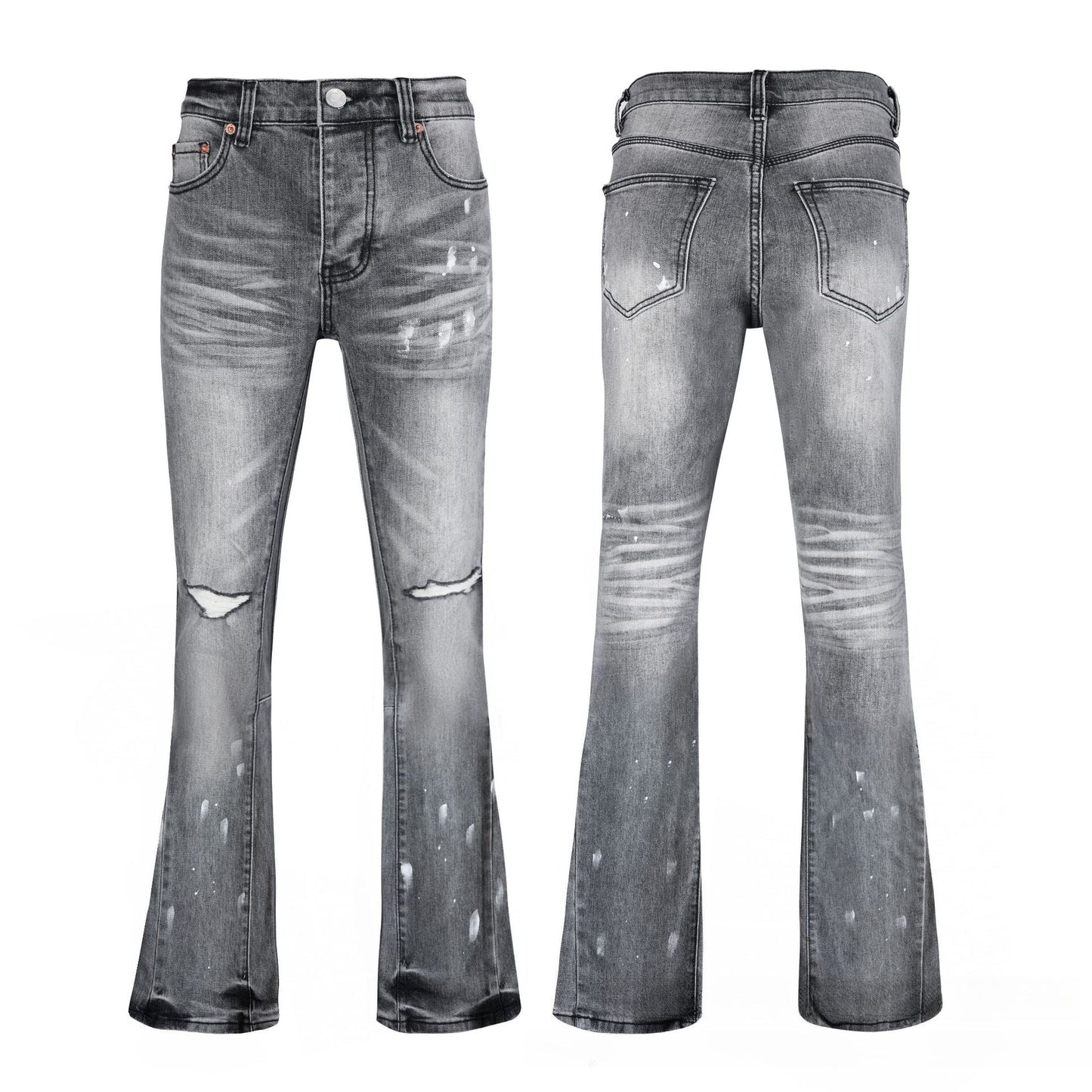 Men's Grey Flare Jeans - Artistic Bleached Fade Denim with White Paint Splatter Detail