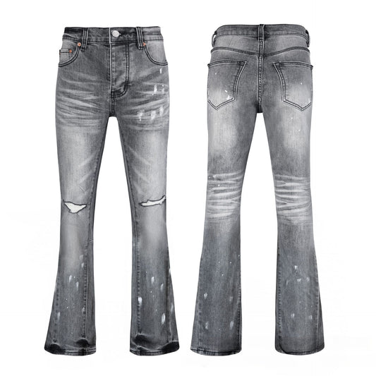 Men's Grey Flare Jeans - Artistic Bleached Fade Denim with White Paint Splatter Detail