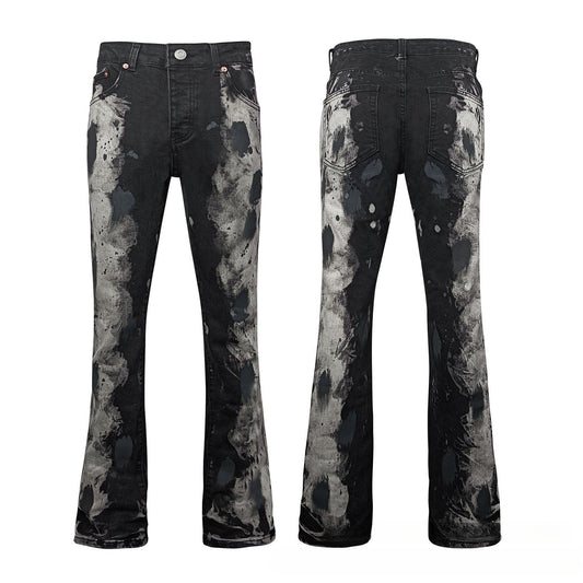 Premium Grey & Black Slim Flare Jeans - Heavy Splatter Pattern Denim with Vintage Wash