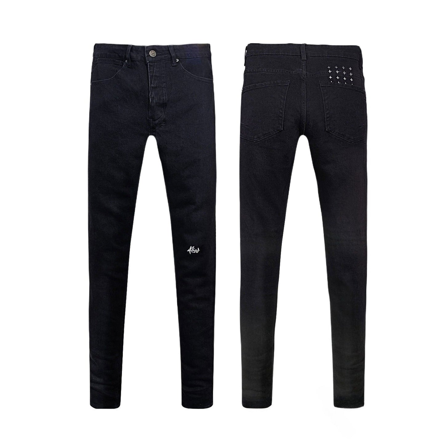 Men’s Black Skinny Jeans with Minimal Logo Embroidery and Cross Stud Detail