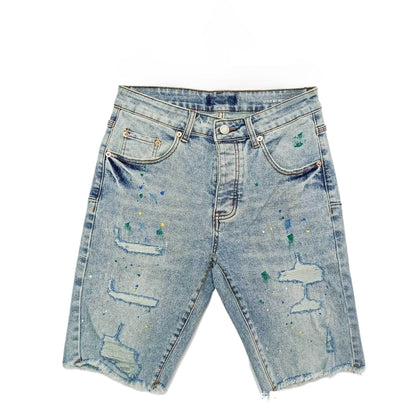 Light Blue Paint Splatter Denim Bermuda Shorts for Men - Green Blue Yellow Splatter, Distressed Look, Frayed Hem Summer Vibes