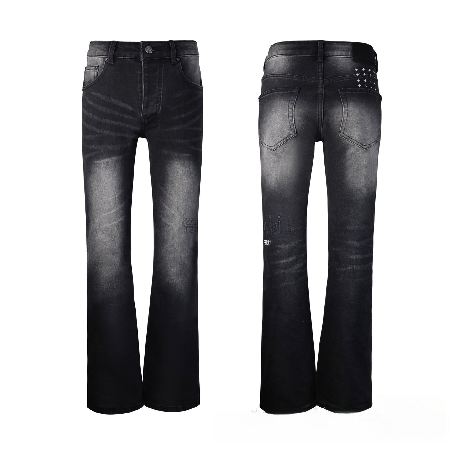 Men's Black & Grey Flare Jeans - Vintage Whisker Wash Denim with Classic Bootcut Fit