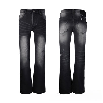 Men's Black & Grey Flare Jeans - Vintage Whisker Wash Denim with Classic Bootcut Fit