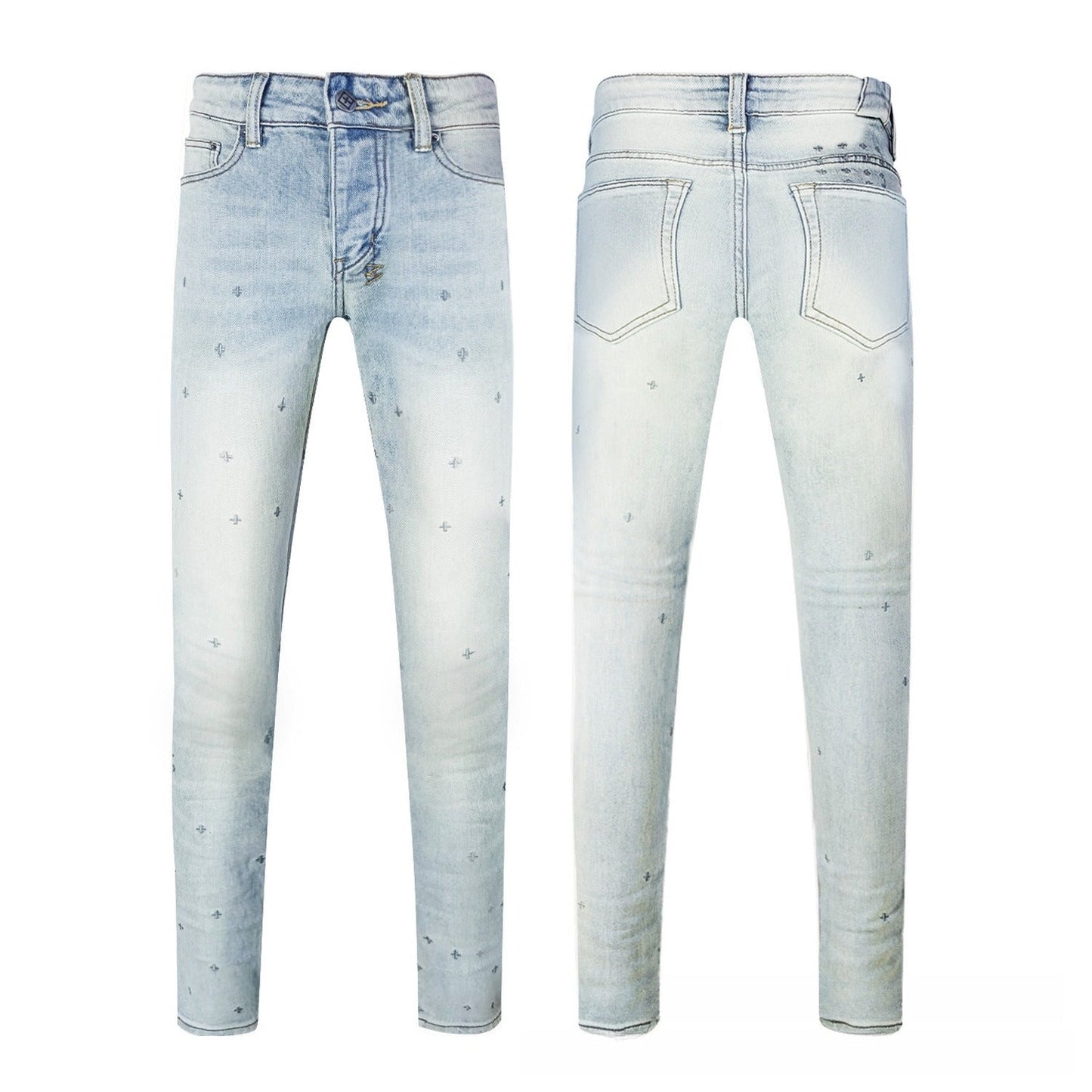 Men's Light Blue Distressed Jeans with Cross Stitch Embroidery Slim Fit Vintage Wash Denim Pants