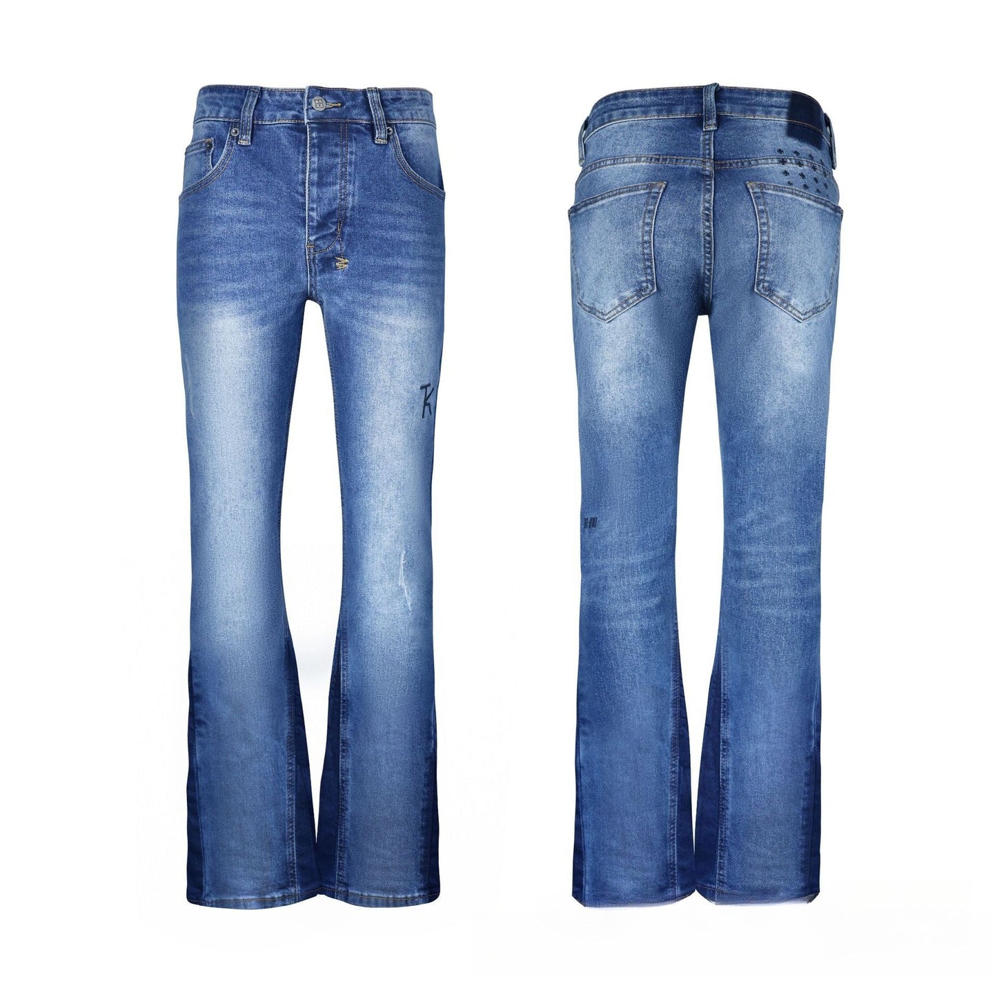 Urban Blue Jeans Slim Cut - Avant-Garde Block Contrast Wash & Vintage Distressing