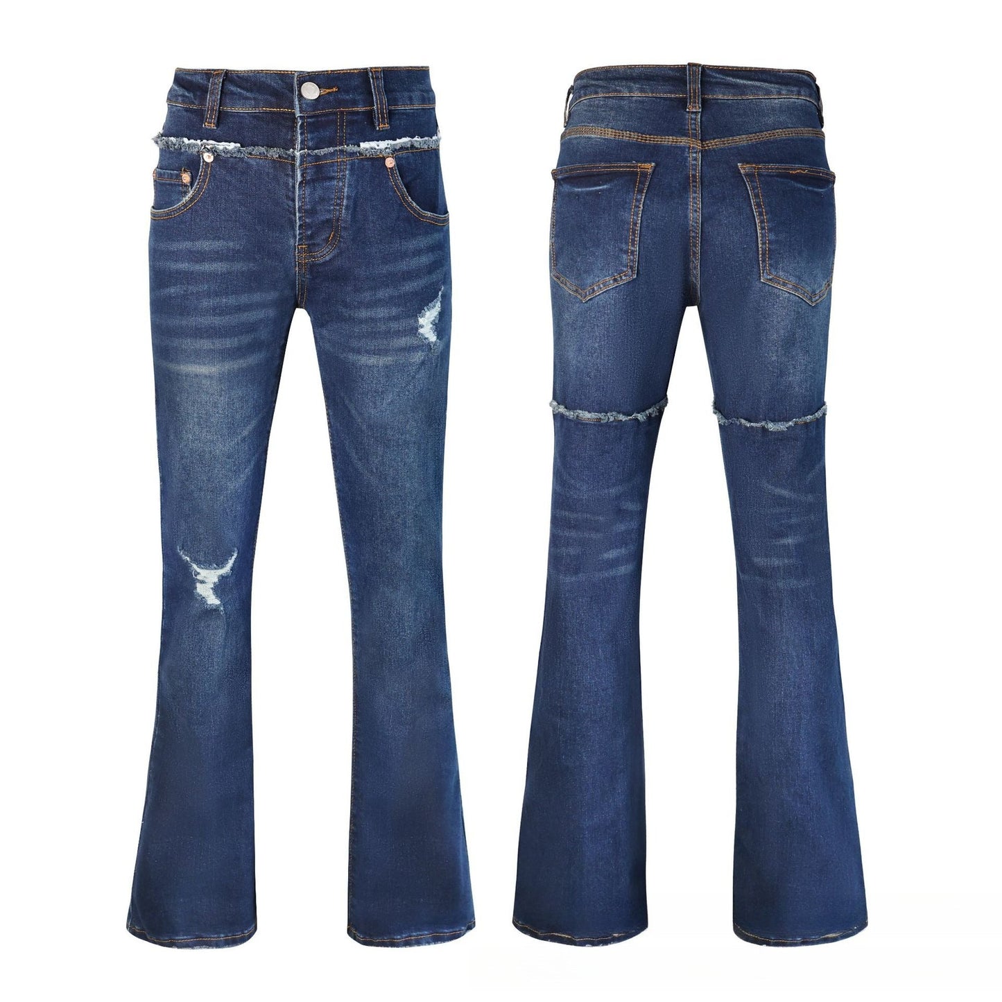 Men's Dark Blue Slim Fit Jeans - Bold Radial Whisker Fading & Two-Tone Paneled Design