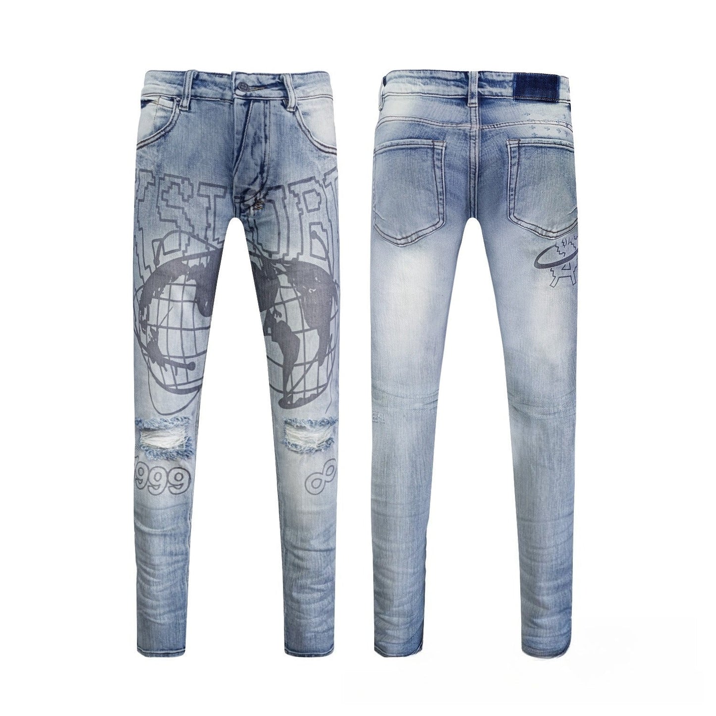 Light Blue Skinny Denim Jeans for Men - Faded Wash, Eye-Catching Globe Graphic, Ripped Knees, Slim Fit