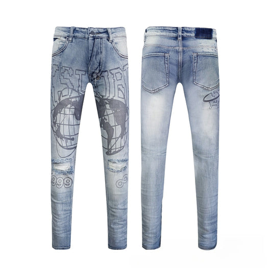 Light Blue Skinny Denim Jeans for Men - Faded Wash, Eye-Catching Globe Graphic, Ripped Knees, Slim Fit