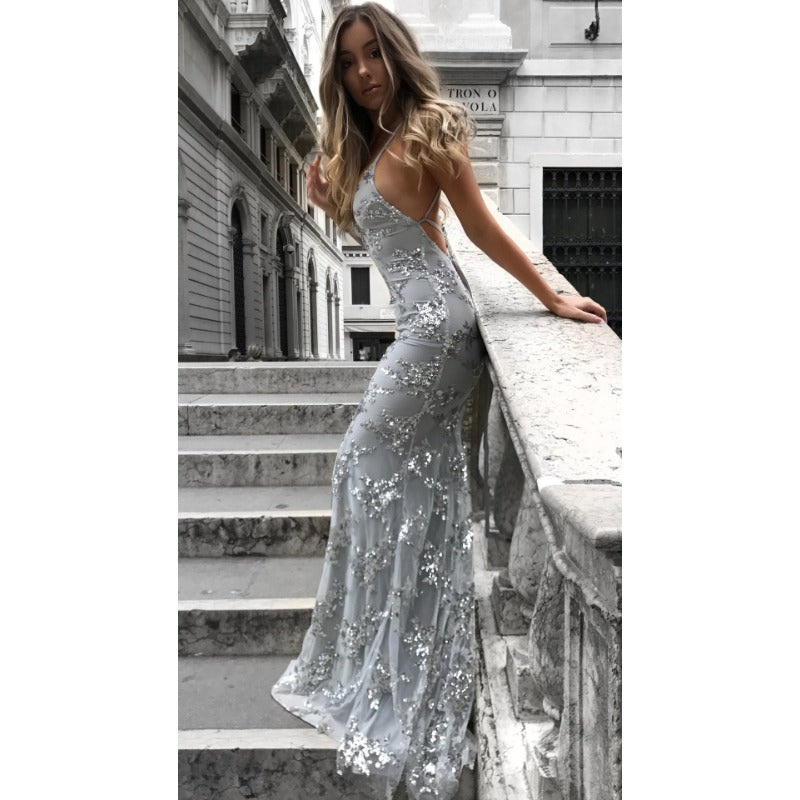 New Spaghetti Strap V-Neck Backless Sequin Tie-Back Gown yq799