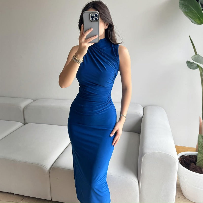 Nouvelle robe longue sexy sans manches à taille haute de couleur unie pour femmes D1993376