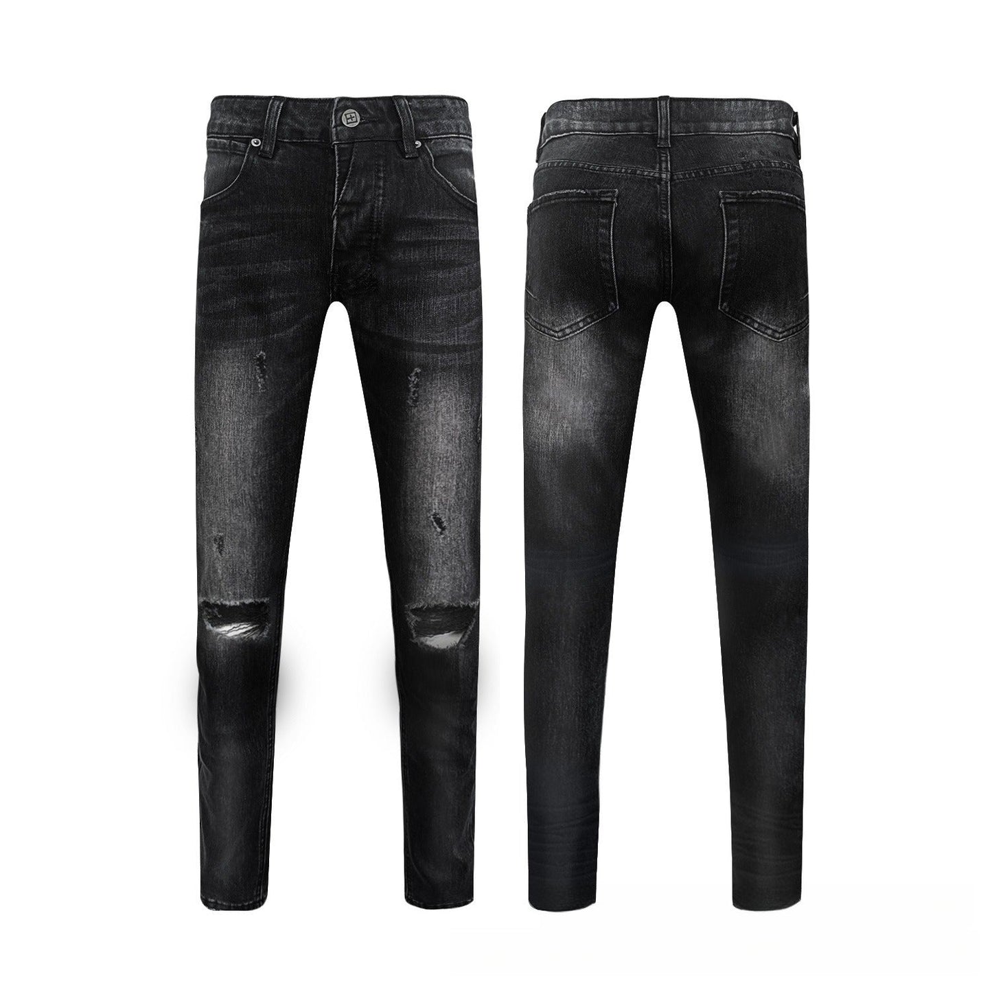 Black Distressed Skinny Jeans Men - Ripped Knees, Faded Black Wash, Slim Fit Destroyed Denim Pants