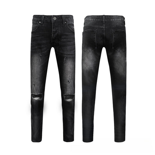 Black Distressed Skinny Jeans Men - Ripped Knees, Faded Black Wash, Slim Fit Destroyed Denim Pants